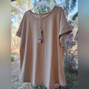 Women's Short Sleeve Eyelet Knit Top - Light Beige